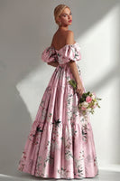 Load image into Gallery viewer, Puff Sleeves Pink Floral Strapless A Line Ruched Long Wedding Guest Dress