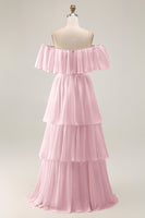 Load image into Gallery viewer, White Chiffon Off the Shoulder Tiered Boho Sweep Train Wedding Dress