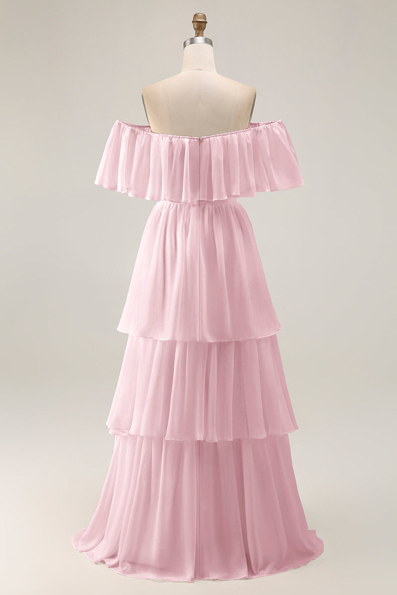 Load image into Gallery viewer, White Chiffon Off the Shoulder Tiered Boho Sweep Train Wedding Dress