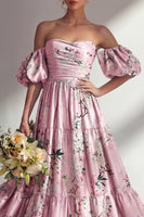 Load image into Gallery viewer, Puff Sleeves Pink Floral Strapless A Line Ruched Long Wedding Guest Dress