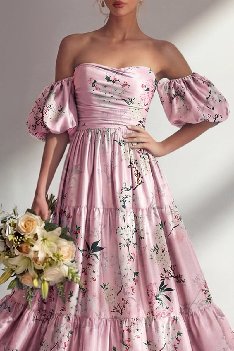 Load image into Gallery viewer, Puff Sleeves Pink Floral Strapless A Line Ruched Long Wedding Guest Dress
