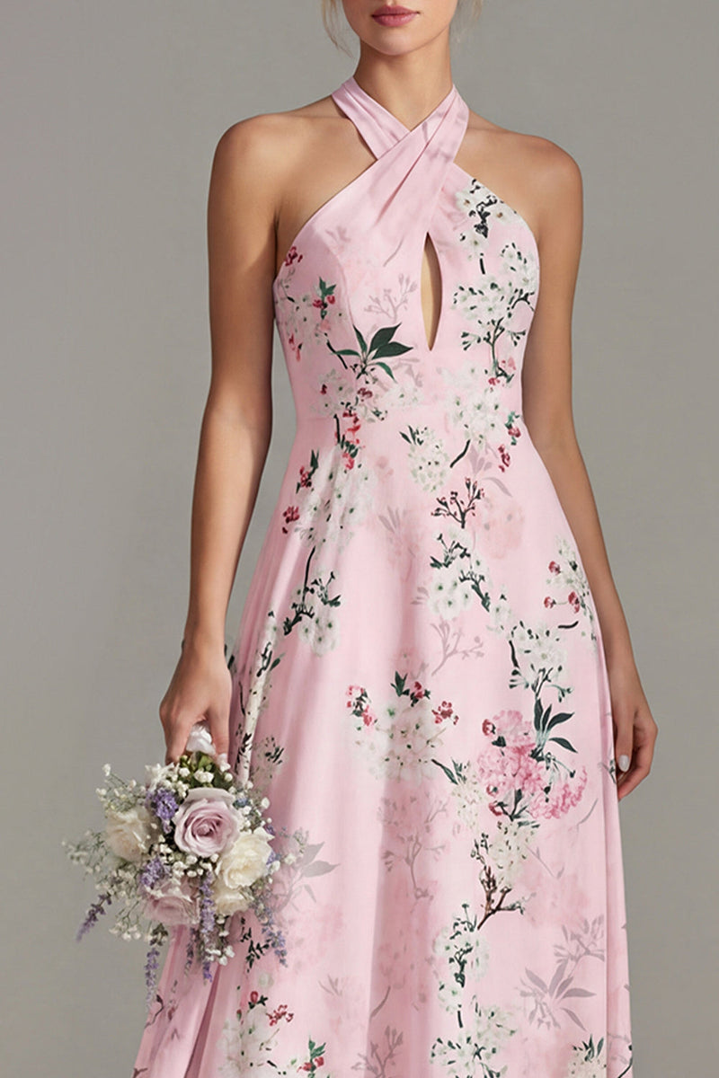 Load image into Gallery viewer, Halter Keyhole Floral Pink A Line Long Wedding Guest Dress