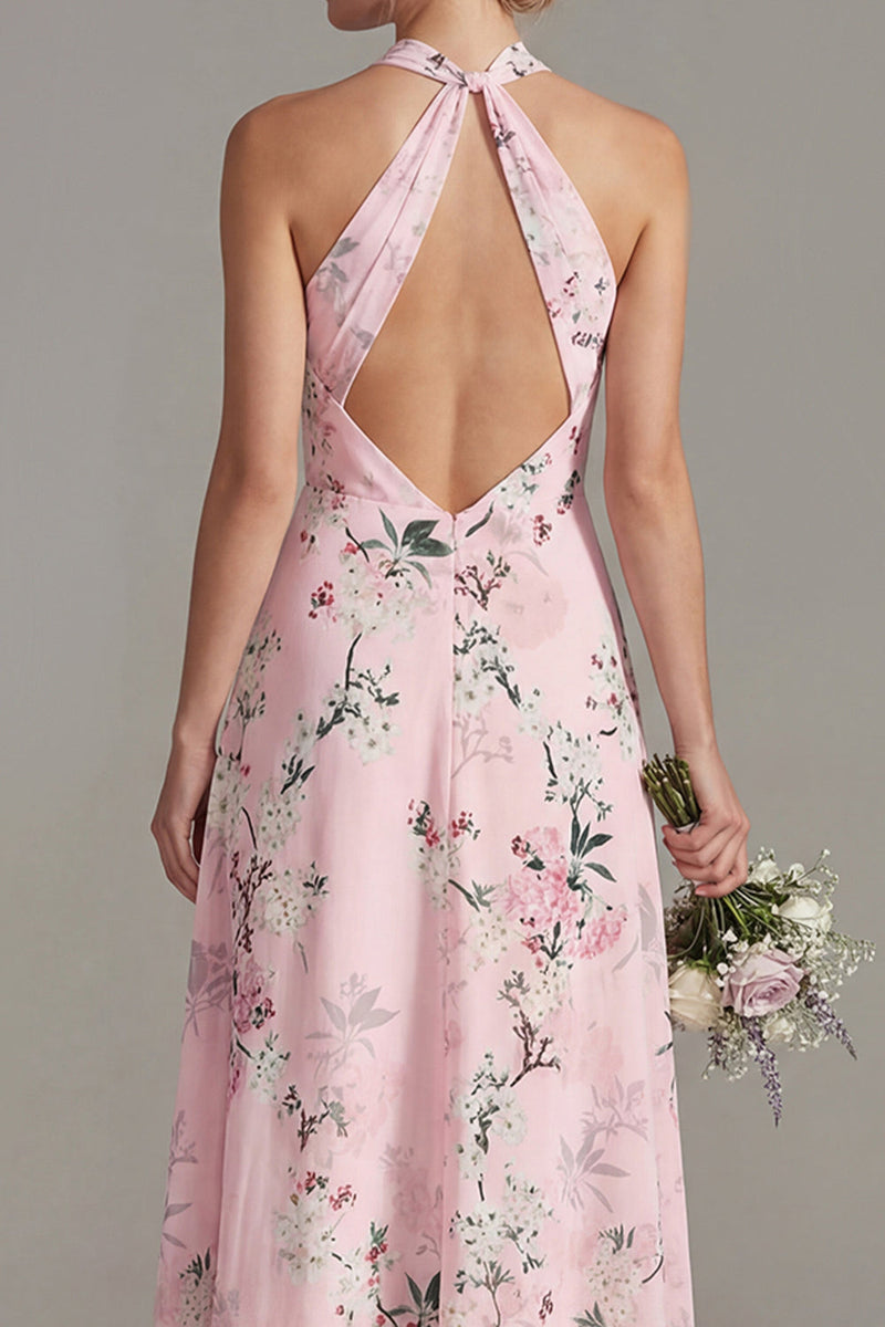 Load image into Gallery viewer, Halter Keyhole Floral Pink A Line Long Wedding Guest Dress