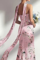 Load image into Gallery viewer, Pink Floral Strapless Sheath Neck Scarf Long Wedding Guest Dress with Slit