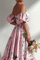 Load image into Gallery viewer, Puff Sleeves Pink Floral Strapless A Line Ruched Long Wedding Guest Dress