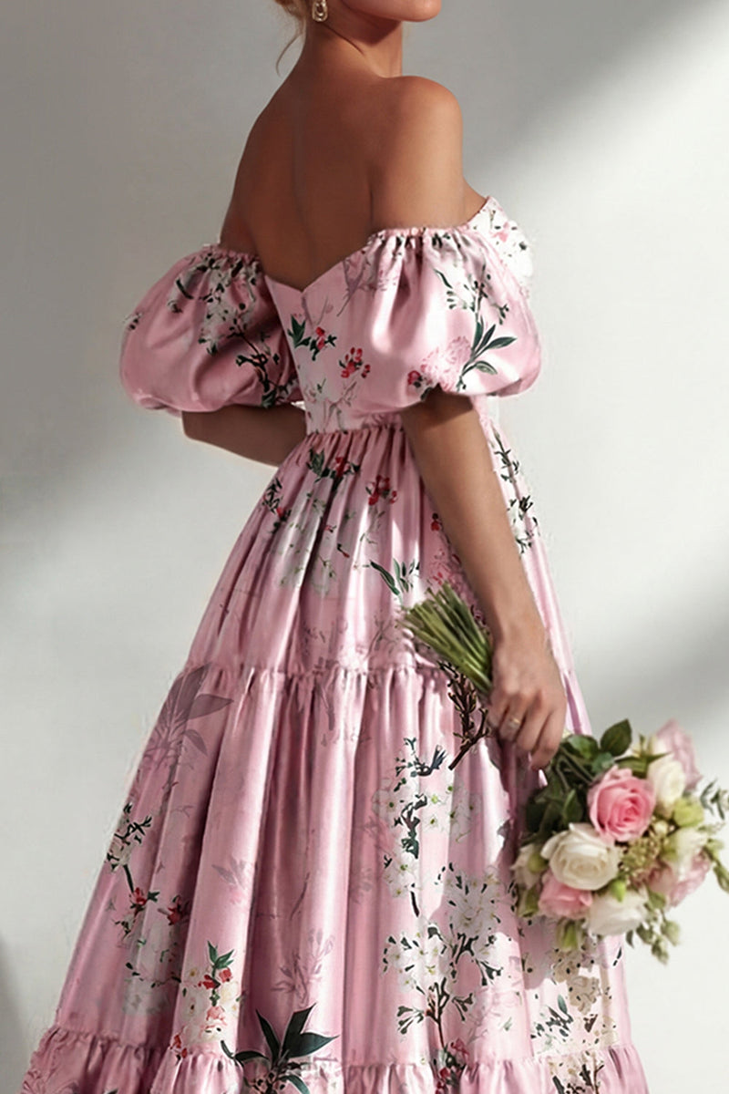 Load image into Gallery viewer, Puff Sleeves Pink Floral Strapless A Line Ruched Long Wedding Guest Dress
