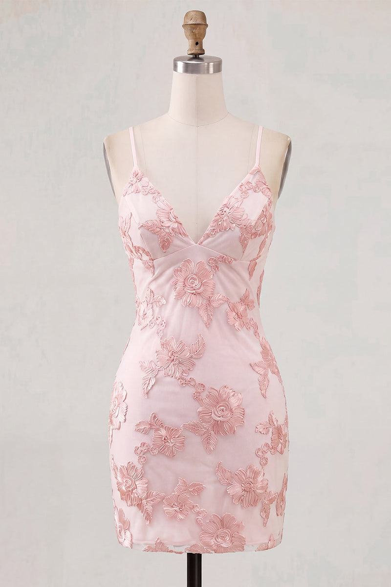 Load image into Gallery viewer, Tight Floral Short Fuchsia Spaghetti Straps Prom Dress
