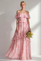 Load image into Gallery viewer, Off the Shoulder Pink Red Flower A Line Long Beach Wedding Guest Dress with Ruffles
