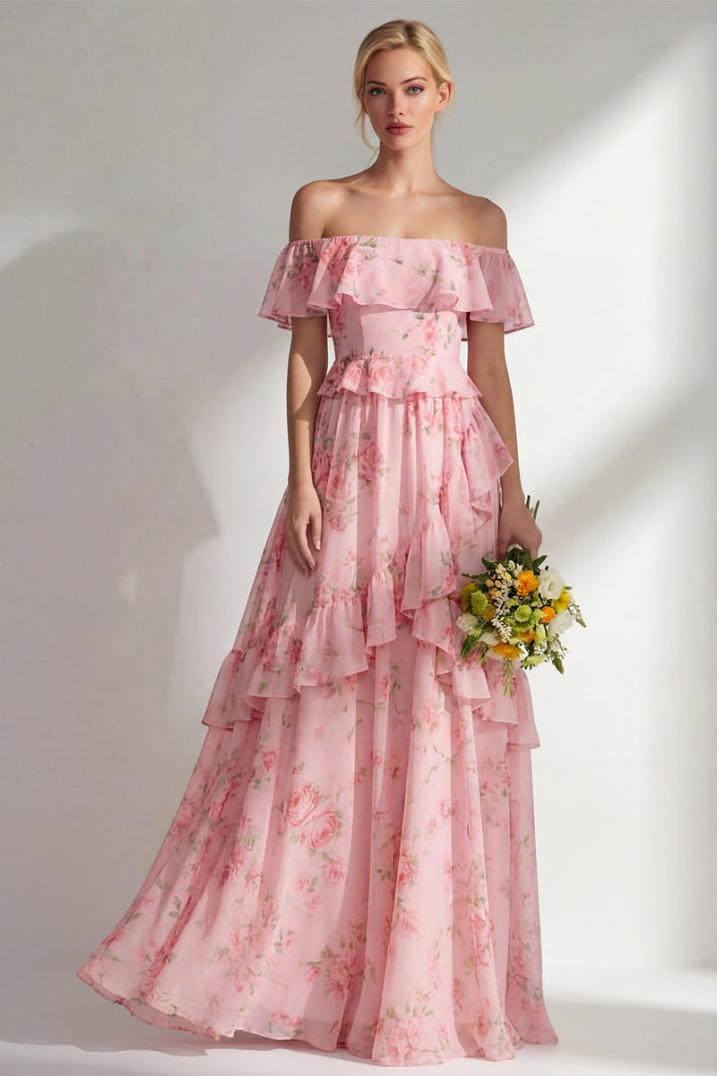 Load image into Gallery viewer, Off the Shoulder Pink Red Flower A Line Long Beach Wedding Guest Dress with Ruffles