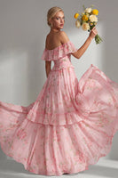 Load image into Gallery viewer, Off the Shoulder Pink Red Flower A Line Long Beach Wedding Guest Dress with Ruffles