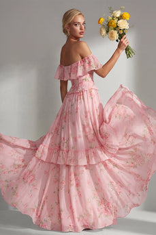 Off the Shoulder Pink Red Flower A Line Long Beach Wedding Guest Dress with Ruffles