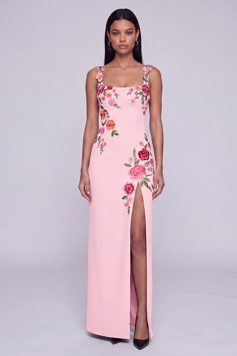 Load image into Gallery viewer, Square Neck Sheath Black Floral Beach Maxi Wedding Guest Dress with Slit