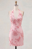 Load image into Gallery viewer, Light Blue Halter Floral Tight Backless Short Prom Dress
