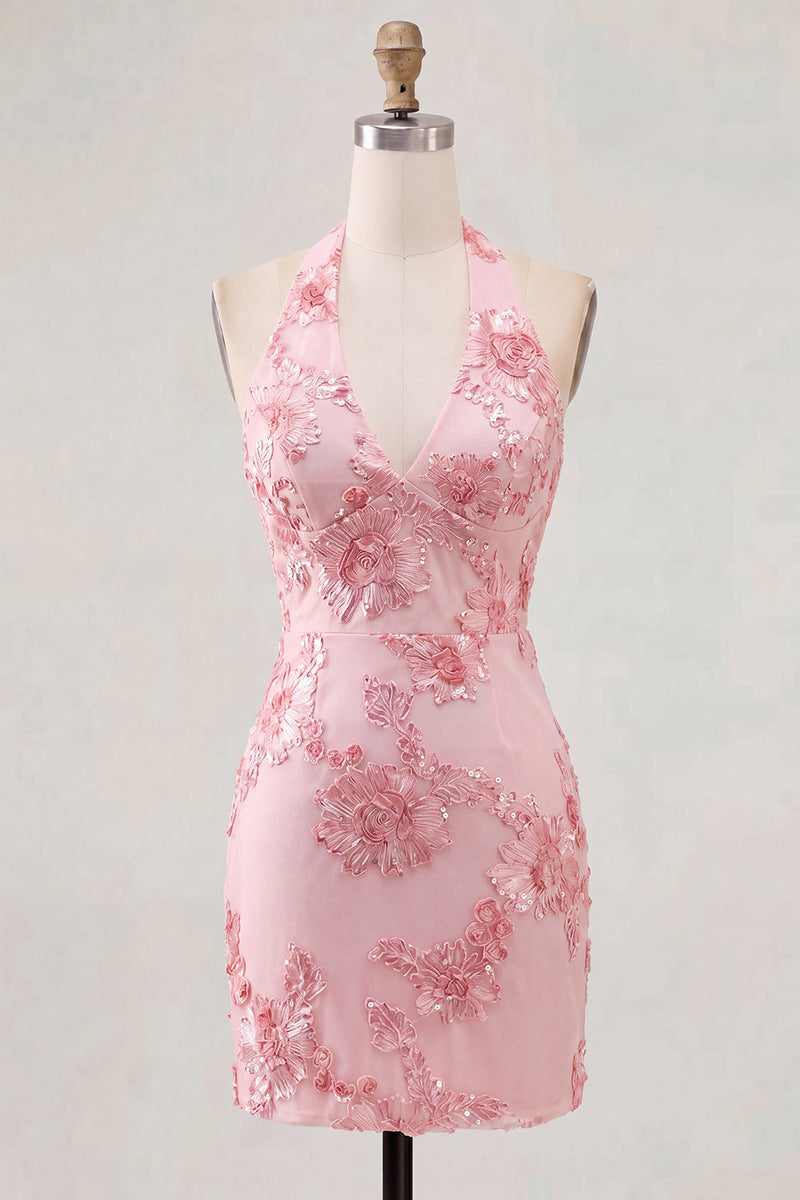 Load image into Gallery viewer, Light Blue Halter Floral Tight Backless Short Prom Dress