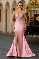 Load image into Gallery viewer, Plus Size Sparkly Dusty Blue Satin Beaded Long Corset Prom Dress with Slit