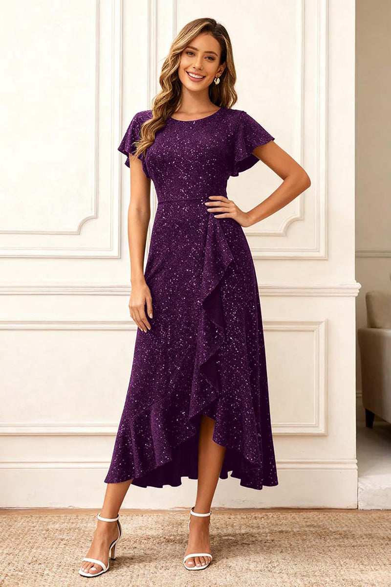 Load image into Gallery viewer, Glitter Black Round Neck Midi Holiday Party Dress with Sleeves