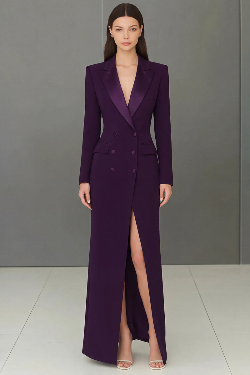 Load image into Gallery viewer, Navy Peak Lapel Velvet Single Breasted Long Blazer Dress with Slit