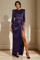 Load image into Gallery viewer, Satin Chocolate Round Neck Long Mother of the Bride Dress with Sash