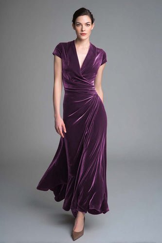 Plum Ruched V Neck Velvet Long Holiday Party Dress with Sleeves