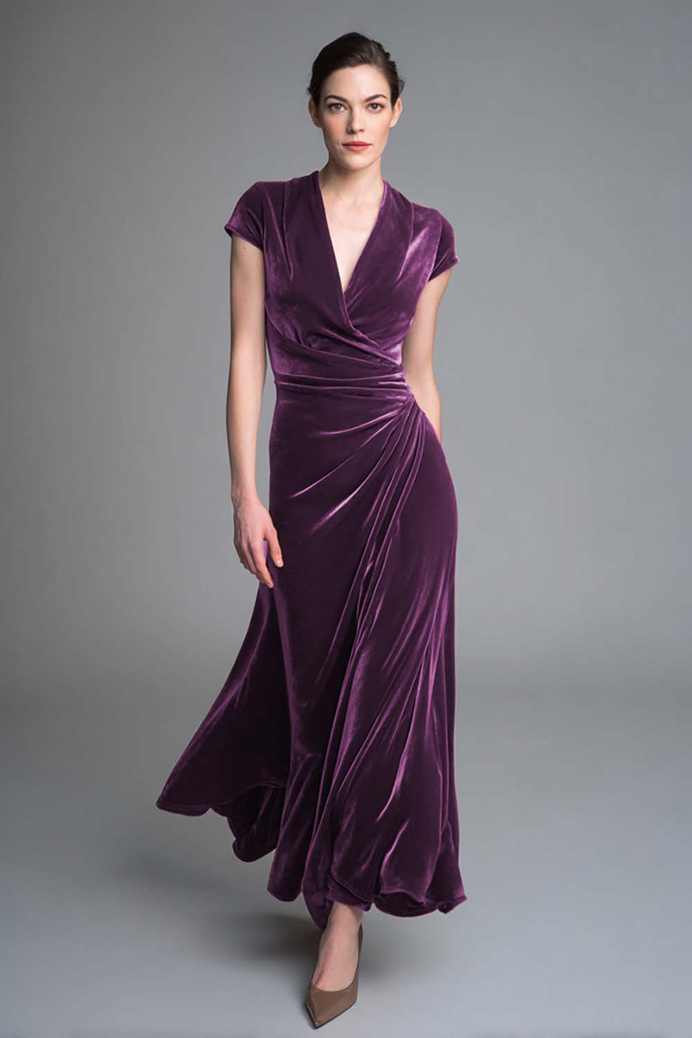 Plum Ruched V Neck Velvet Long Holiday Party Dress with Sleeves