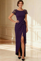 Load image into Gallery viewer, Sheath Navy Boat Neck Long Mother of the Bride Dress with Lace