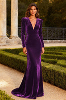Load image into Gallery viewer, Burgundy Velvet Mermaid Maxi Formal Dress with Sleeves