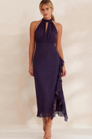 Load image into Gallery viewer, Navy Chiffon Ruffled Halter Ankle Length Work Dress with Slit