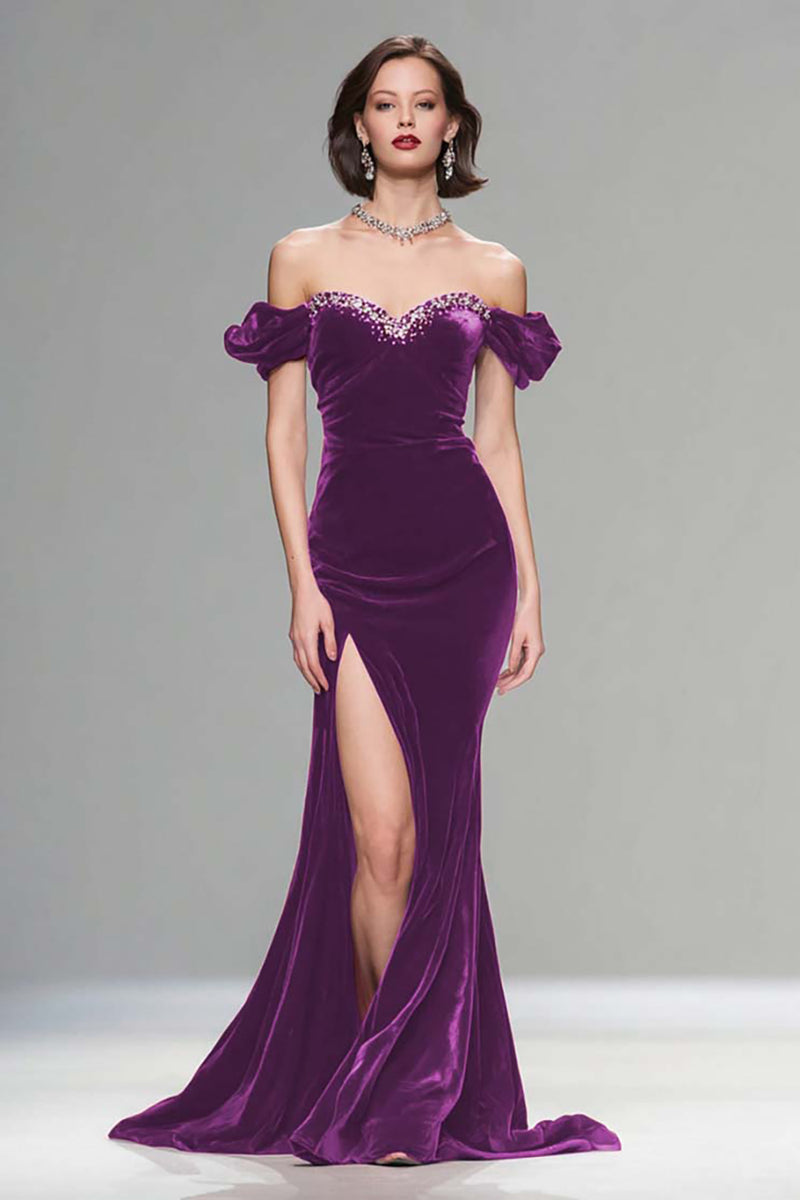 Load image into Gallery viewer, Sparkly Dark Navy Velvet Mermaid Long Holiday Party Dress with Beading