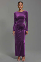 Load image into Gallery viewer, Navy Velvet Sheath Boat Neck Long Holiday Party Dress with Sleeves