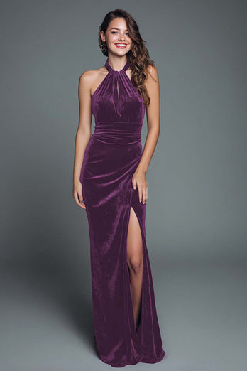 Cabernet Halter Mermaid Velvet Long Holiday Party Dress with Slit