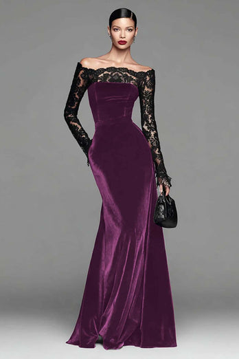 Burgundy Velvet Long Sleeves Mermaid Holiday Party Dress with Lace