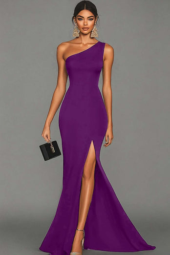 Dark Green Satin One Shoulder Mermaid Long Formal Dress with Slit