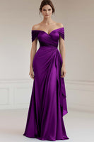 Load image into Gallery viewer, Peacock Sheath Satin Off the Shoulder Maxi Formal Dress