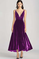 Load image into Gallery viewer, Burgundy Velvet V-Neck A Line Long Formal Dress