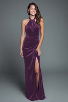 Load image into Gallery viewer, Burgundy Velvet Halter Mermaid Long Holiday Party Dress with Slit