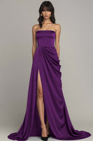 Load image into Gallery viewer, Black Strapless Satin A Line Maxi Formal Dress with Slit