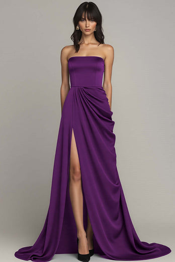 Black Strapless Satin A Line Maxi Formal Dress with Slit