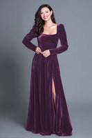 Load image into Gallery viewer, Burgundy Velvet A-Line Long Sleeves Holiday Party Dress with Slit