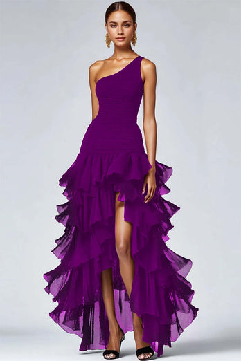 Black Organza One Shoulder High Low Formal Dress with Ruffles