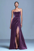 Load image into Gallery viewer, Burgundy Velvet Long Strapless Holiday Party Dress with Slit