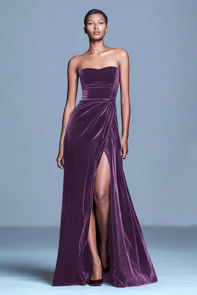 Load image into Gallery viewer, Burgundy Velvet Long Strapless Holiday Party Dress with Slit