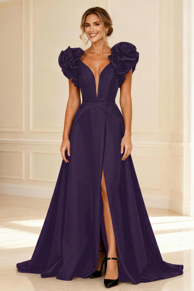 Load image into Gallery viewer, Black V-Neck A-Line Long Mother of the Bride Dress with Ruffles