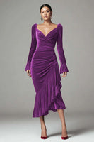 Load image into Gallery viewer, Burgundy Mermaid Ruched Velvet Holiday Party Dress with Ruffles