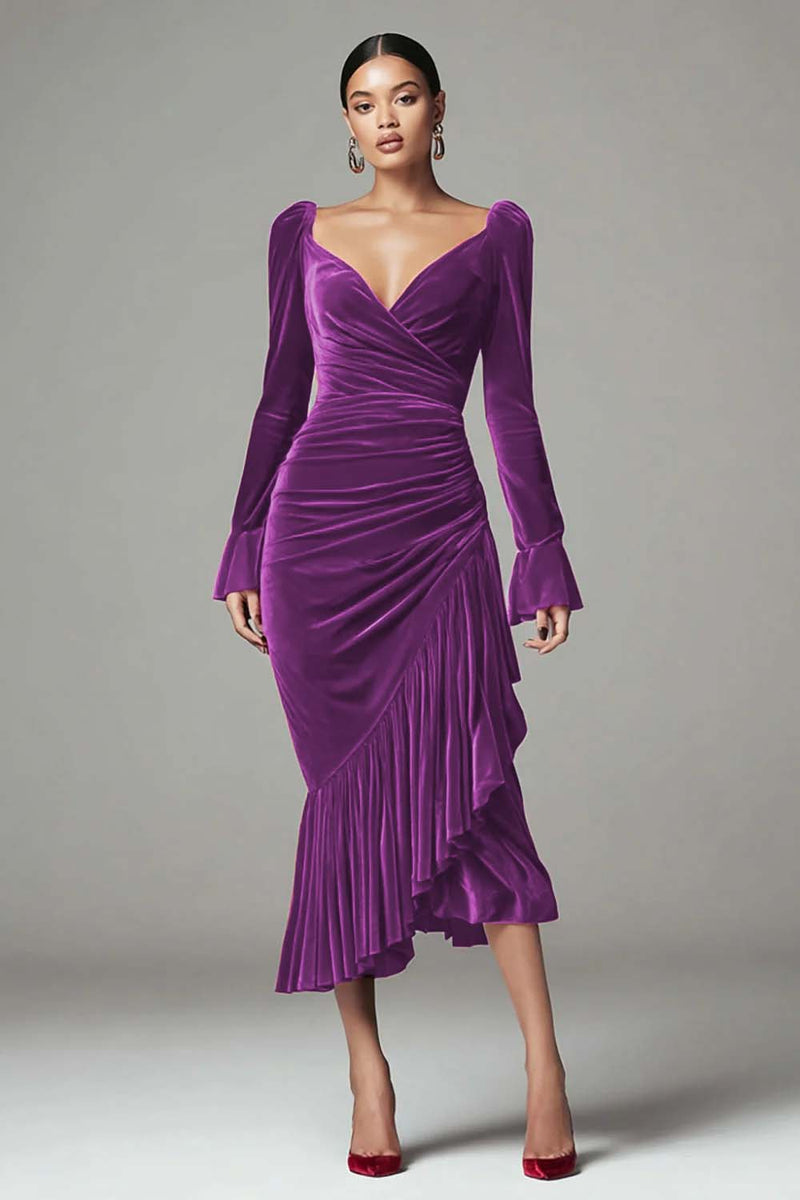 Load image into Gallery viewer, Burgundy Mermaid Ruched Velvet Holiday Party Dress with Ruffles