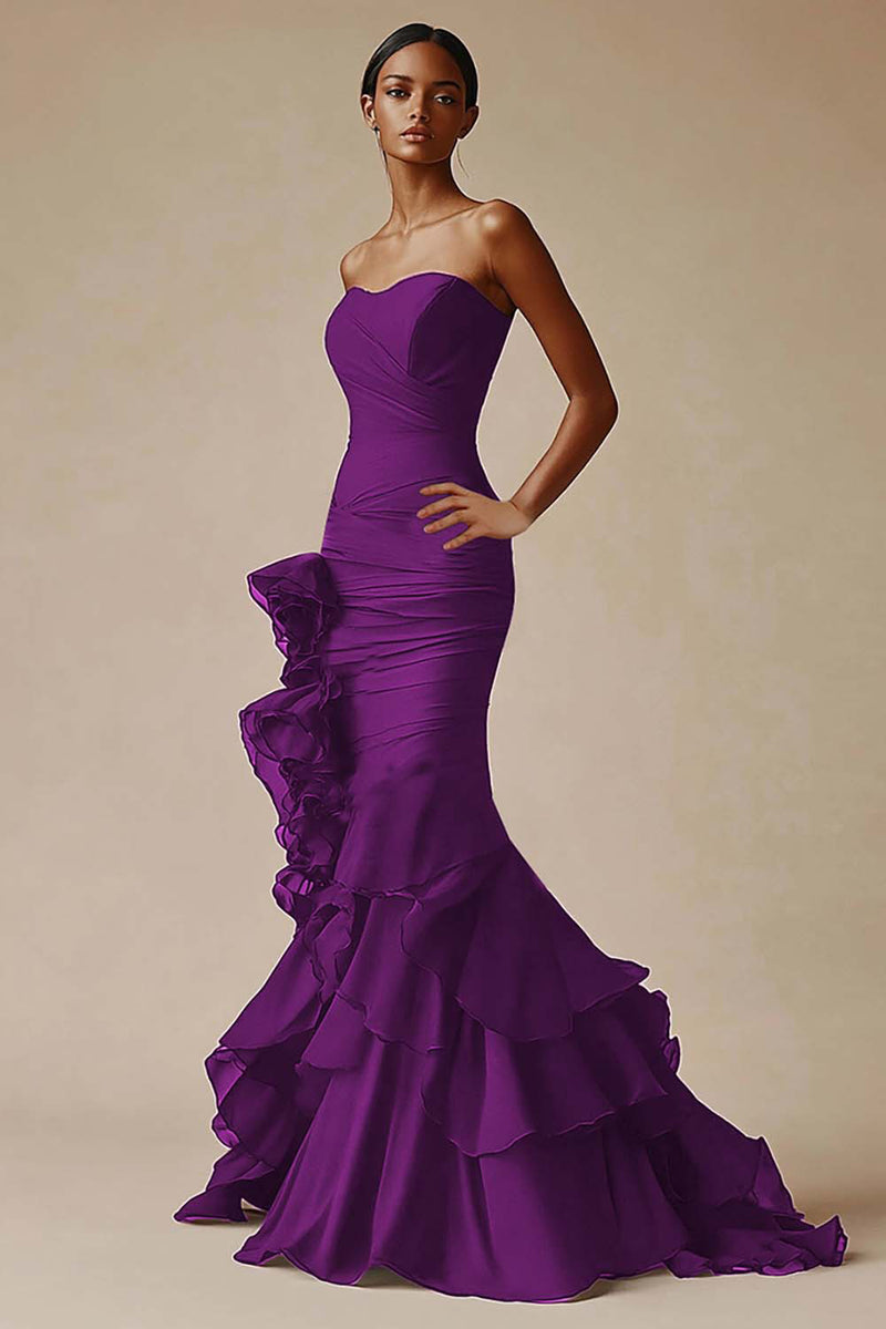 Load image into Gallery viewer, Sweetheart Mermaid Tiered Long Black Tie Dress