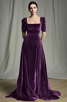 Load image into Gallery viewer, Olive A Line Velvet Square Neck Long Holiday Party Dress with Sleeves