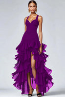 Load image into Gallery viewer, Women Plum Organza Ruffled Formal Dress Spaghetti Straps A Line High Low Black Tie Dress