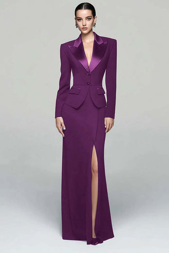 2 Piece Black Peak Lapel Long Pencil Blazer Dress with Slit