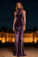 Load image into Gallery viewer, Purple Halter Neck Mermaid Long Velvet Holiday Party Dress