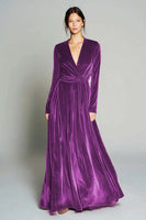 Load image into Gallery viewer, Brown Pleated Velvet A Line Long Sleeves Holiday Party Dress